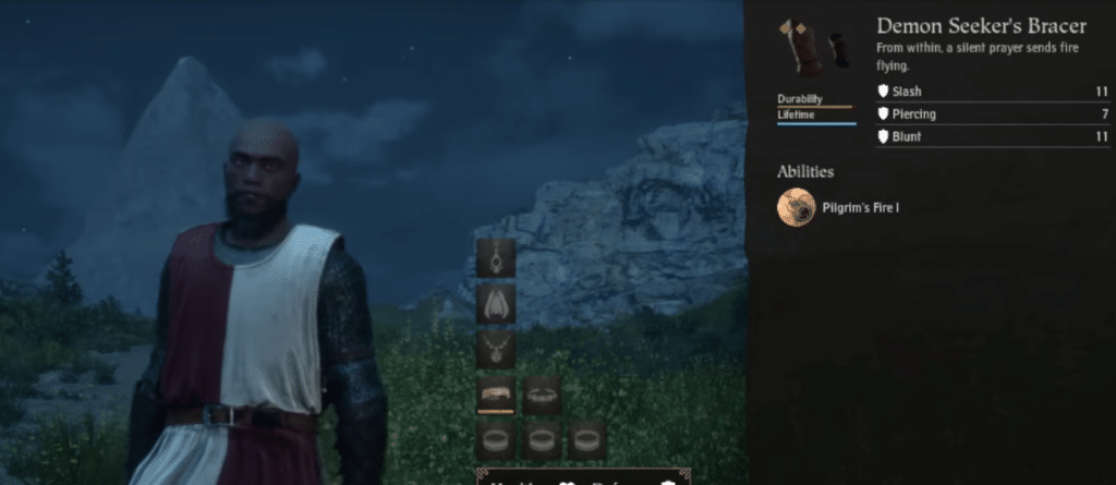 The Demon Seeker's Bracer with the Pilgrim's Fire I ability attached to it.