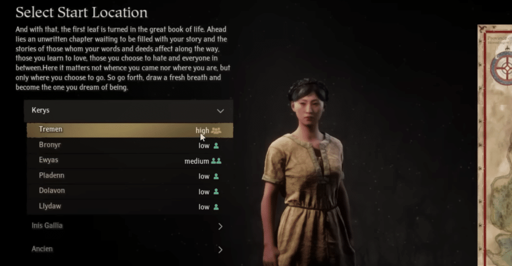 The population for each region when you are selecting the starting location
