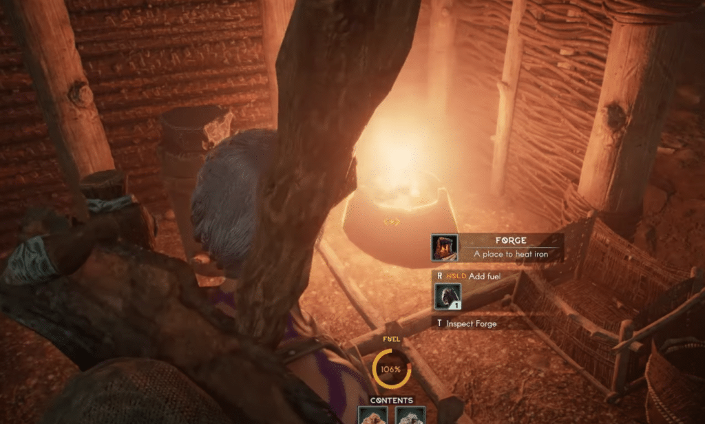 You can place items on the Forge and heat them up using a fuel.