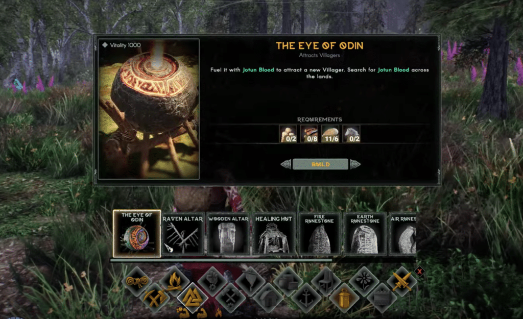 The Crafting recipe for the Eye of Odin. An essential tool to recruit villagers in Aska