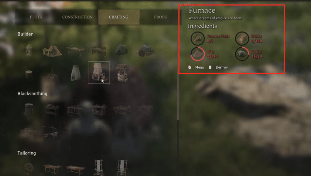 the recipe for crafting a Furnace