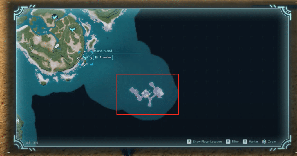 The location for the Oil Rig on the map.