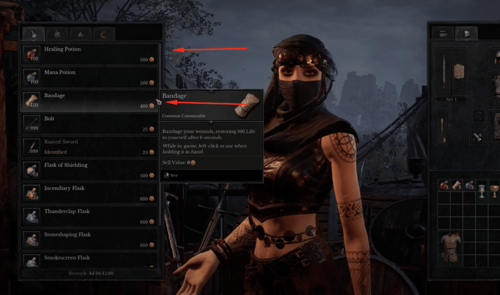 You can Purchase both the Healing Potion and Bandage at the Merchant.