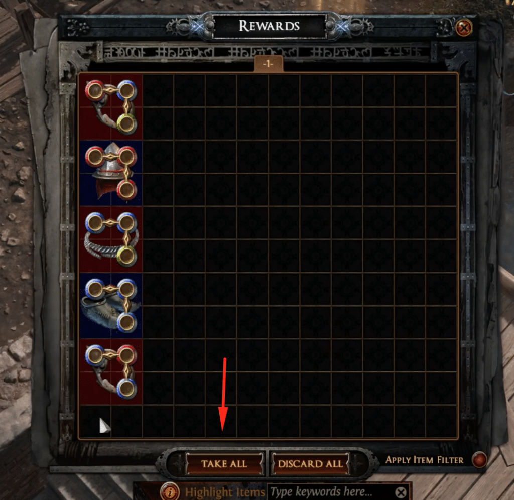 All the items that you have earned as rewards through a shipment. Select Take All to add all of the items in to your inventory.