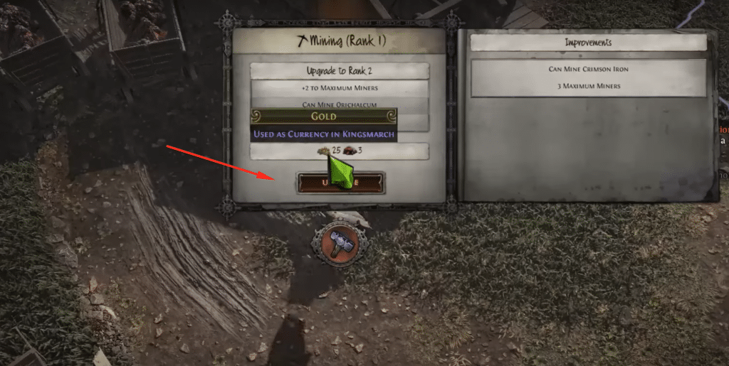 Resources you need to upgrade mining in POE. You will need to have 25 gold and 3 crimson iron ore