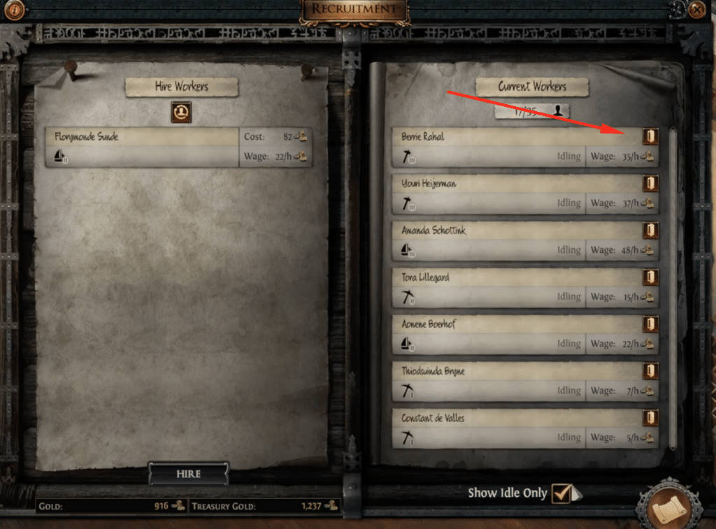 The right side of the screen shows all the workers in your service. The red arrow points to the option you need to select to release a worker.