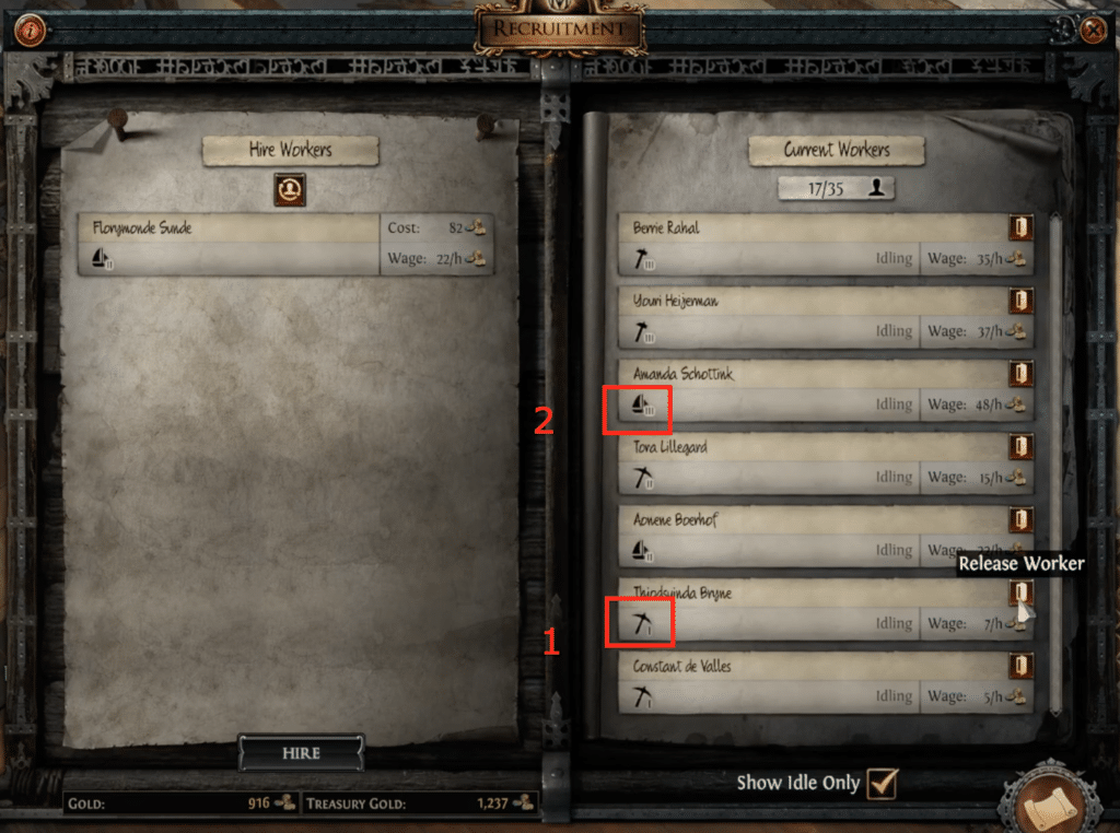 The highlighted icons show you the speciality of each worker.