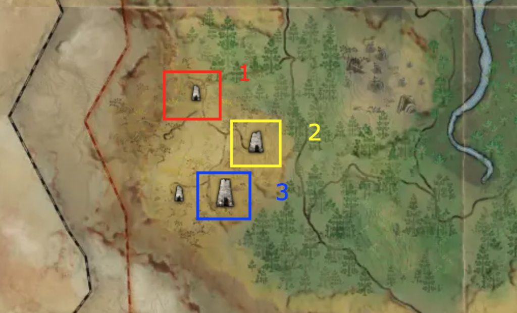 The different types of towers in Pax Dei. Red indicating a small one, yellow a medium one, and blue a large one.