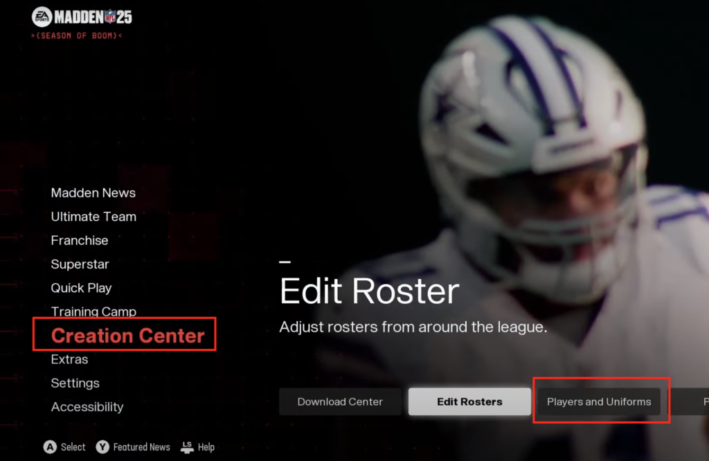 The Players and Uniforms option found within the Creation Center