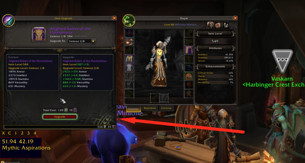 Upgrading an item using Valorstones.
