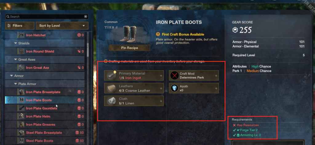 Resources needed to craft an item, and the requirements for crafting it