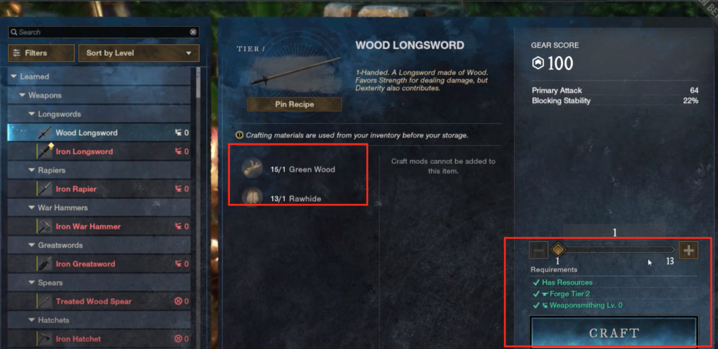 Resources needed and the requirements for crafting a Wood Longsword