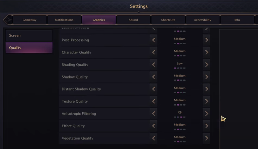 Throne & Liberty settings menu with graphics options shown