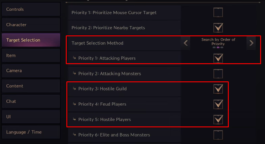 Throne & Liberty setting menu showing the target priority options