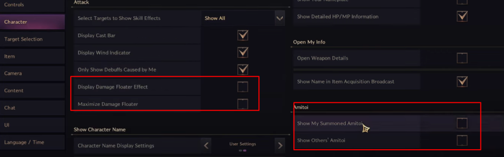 Throne & Liberty setting menu showing damage floaters and amitoi visibility