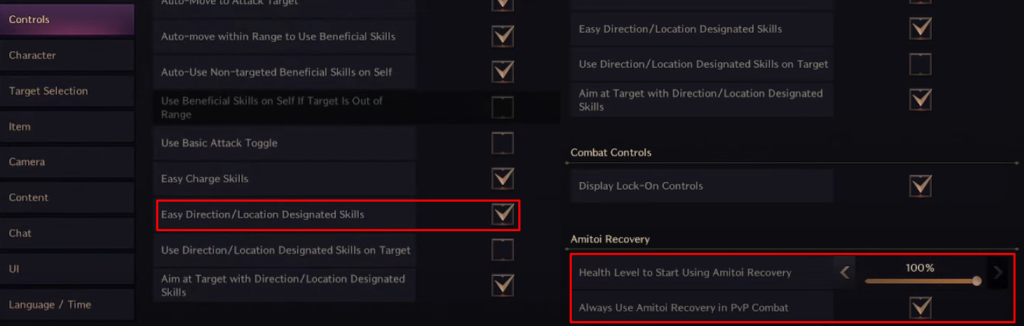 Throne & Liberty setting menu showing targeting and amitoi recovery stuff