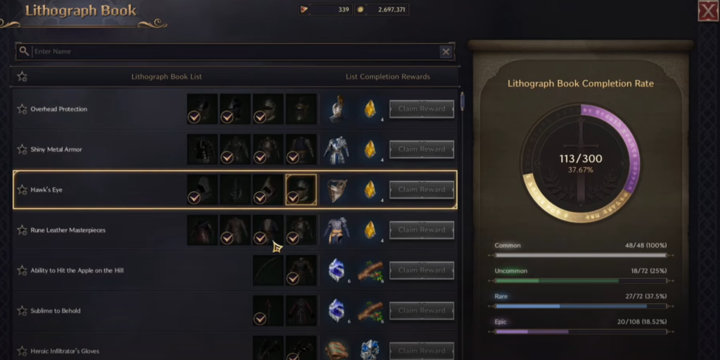 Throne & Liberty lithograph book interface