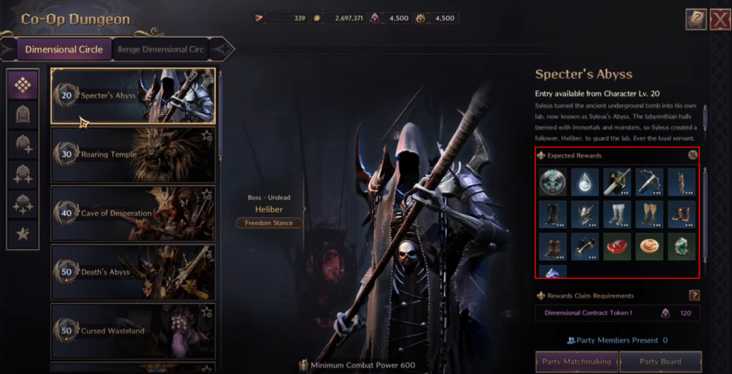 Throne & Liberty co-op dungeon selection with rewards highlighted