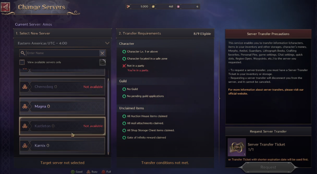 Throne & Liberty server transfer menu