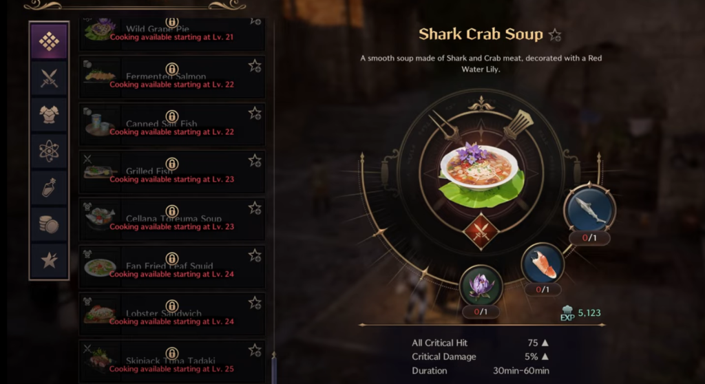 Throne & Liberty cooking interface with a fish recipe open