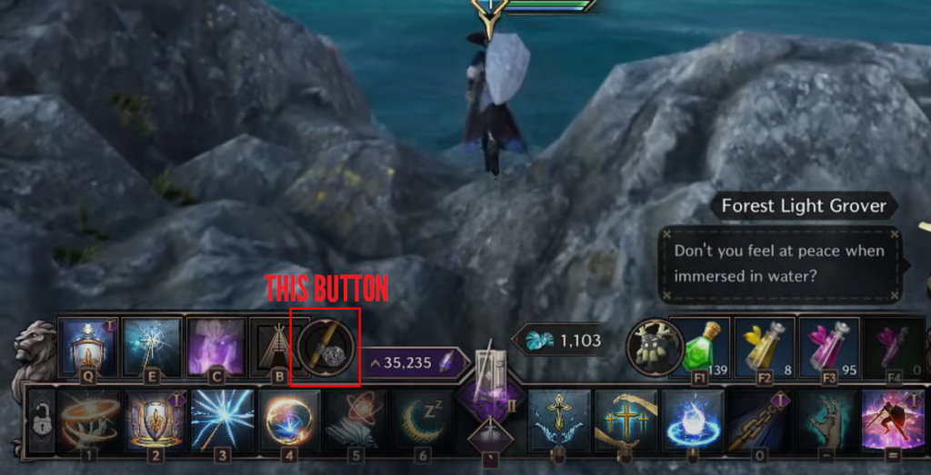 Throne & Liberty hotbar with the fishing rod highlighte