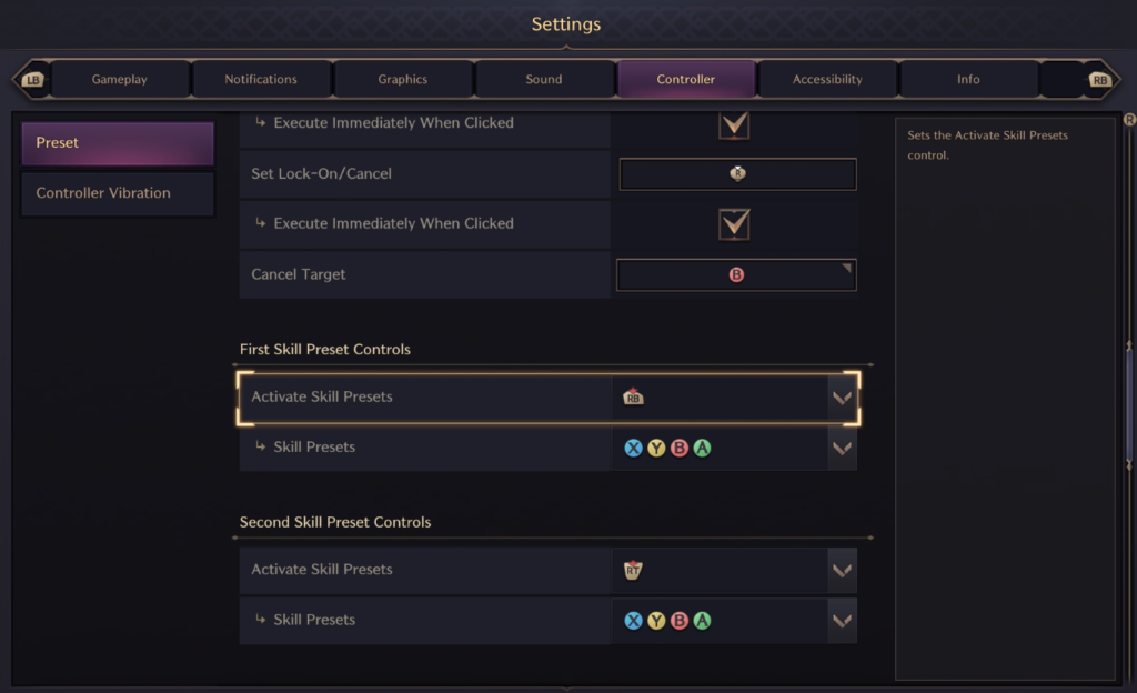 Throne & Liberty controller settings with skill presets visible