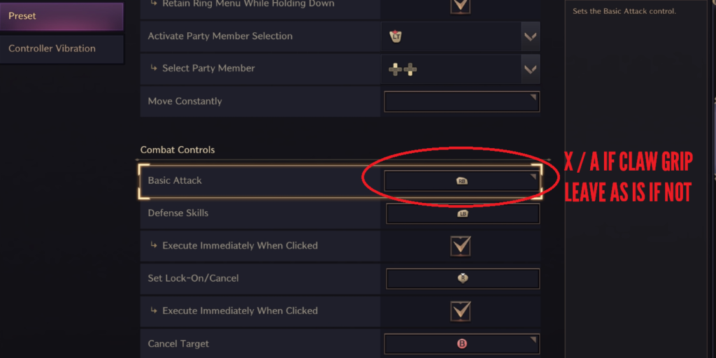 Throne & Liberty controller settings with basic attack highlighted