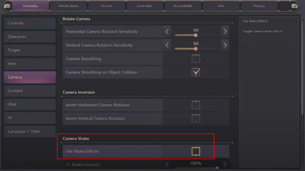 Throne & Liberty settings showing shake effects off