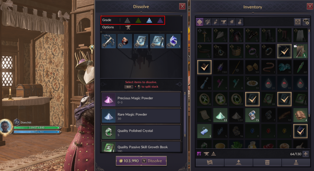 Throne & Liberty dissolve menu with rarities highlighted