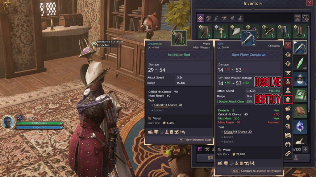 Throne & Liberty item with dissolve and destroy options highlighted