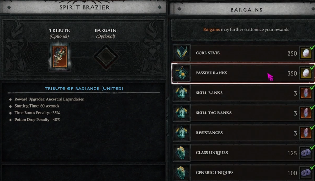 Diablo 4 spirit brazier interface and bargains list