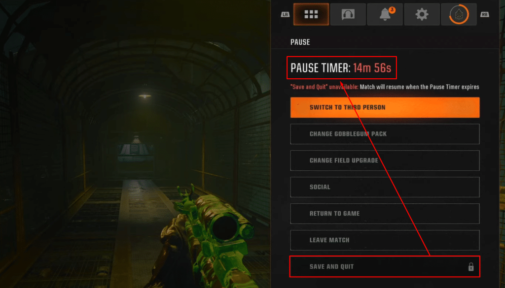 Black Ops 6 Zombies pause screen with timer and save highlighted