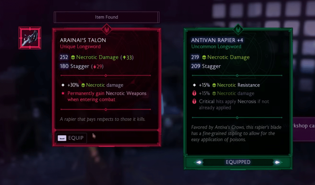 Dragon Age Veilguard arainai's talon weapon comparison page