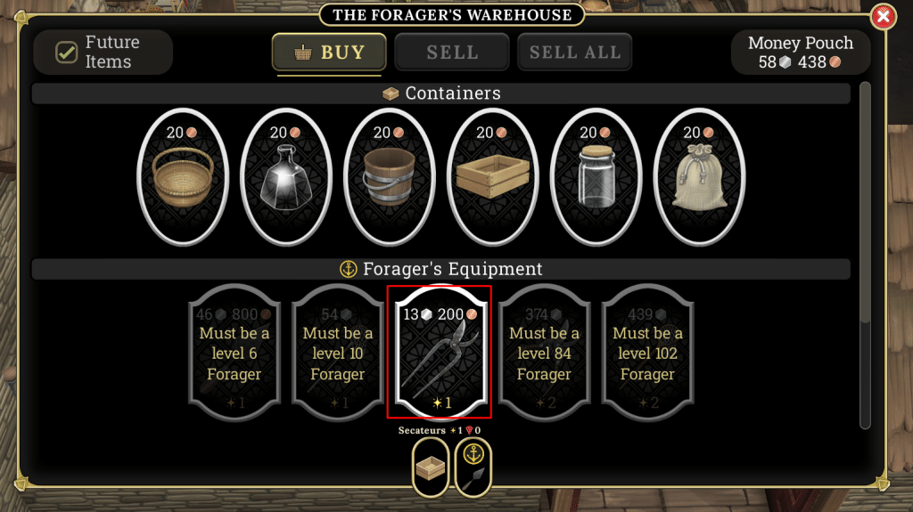 Brighter Shores forager's warehouse shop menu