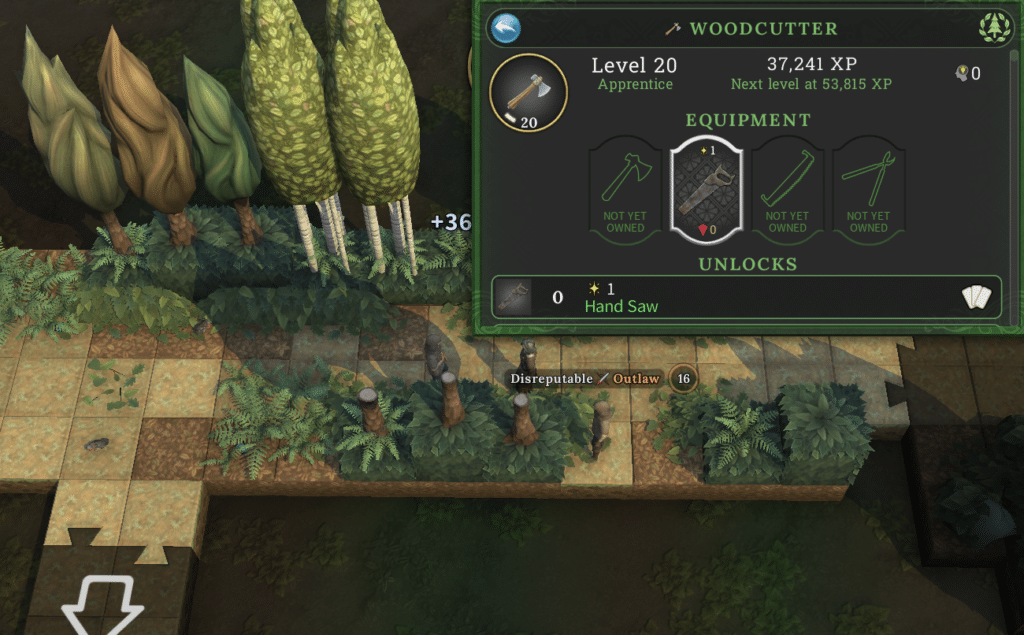Brighter Shores professions menu showing the exp required to progress from 20