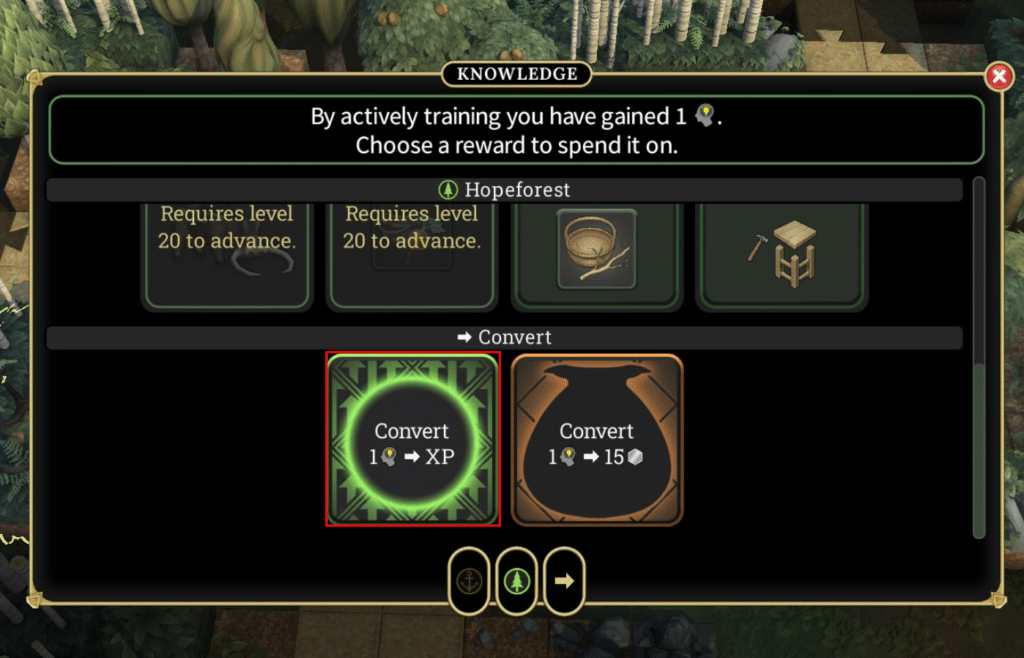 Brighter Shores menu after gaining a knowledge point