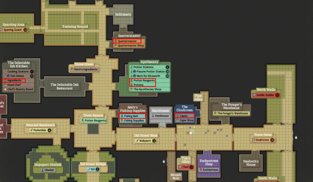 Brighter Shores map with storage containers highlighted