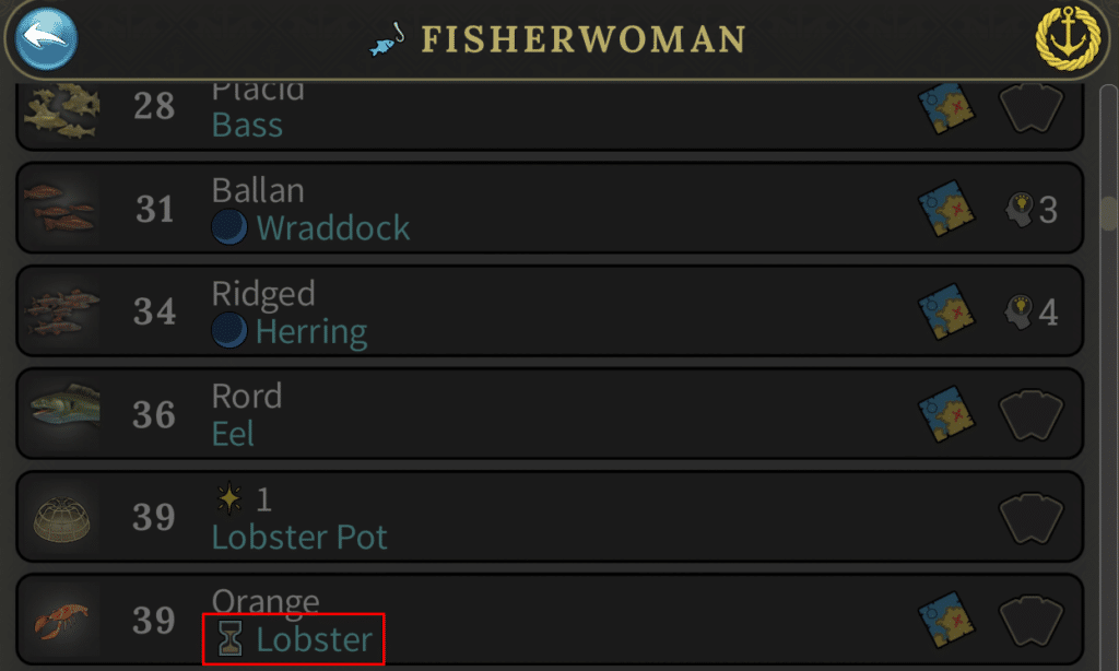 Brighter Shores fishing unlocks with lobster highlighted
