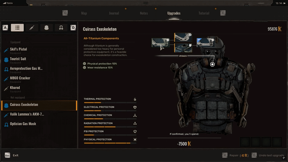 Upgrade menu for items in Stalker 2