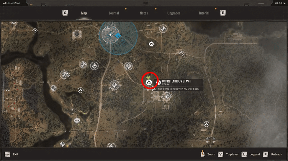 Unpretentious Stash location marked on map in Stalker 2 (Sphere in Lesser zone Region)