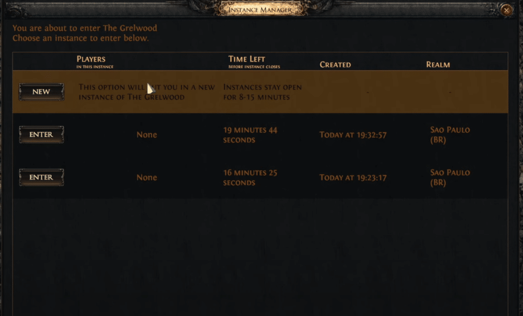 POE 2 instance manager interface with "new" highlighted