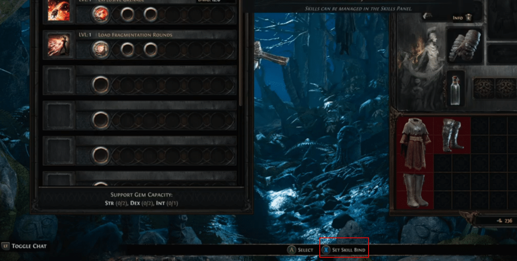 POE 2 inventory screen with "set skill bind" highlighted