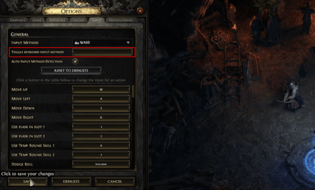 POE 2 options screen with toggle input highlighted