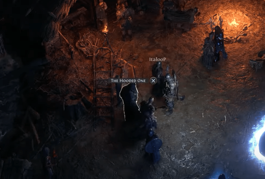 POE 2 speaking to the hooded one at camp
