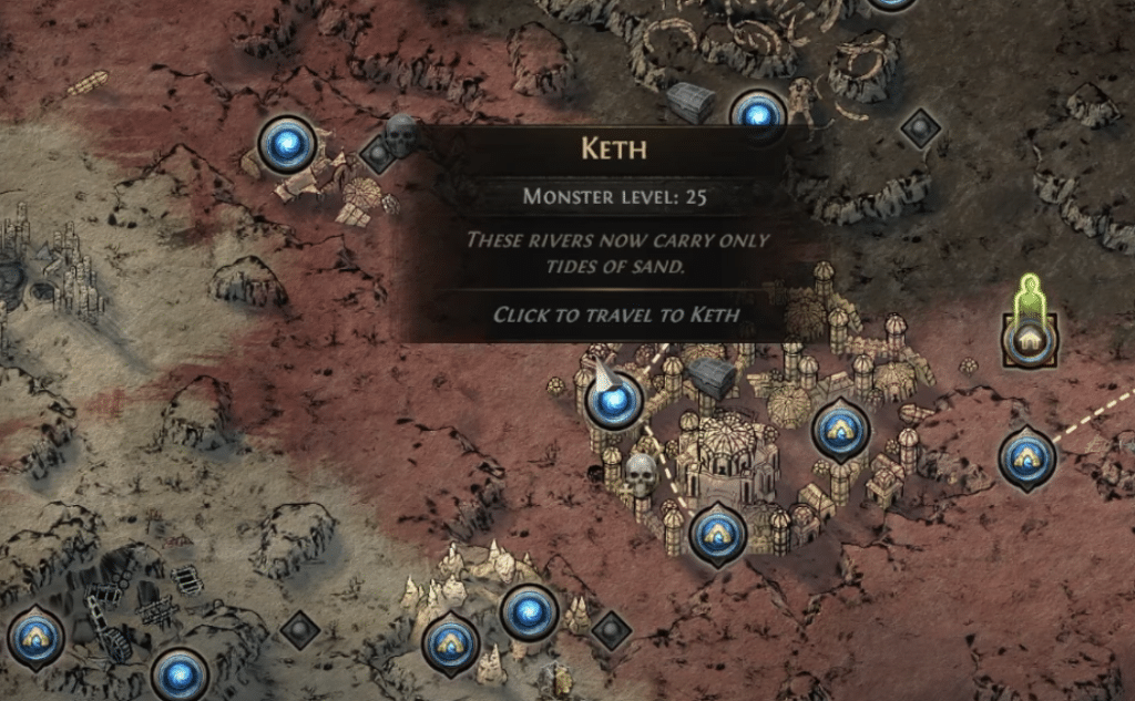 POE 2 map showing the waypoint for Keth