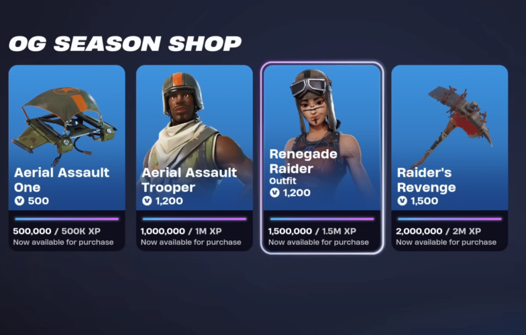 Fortnite OG season shop showing all the possible options and requirements