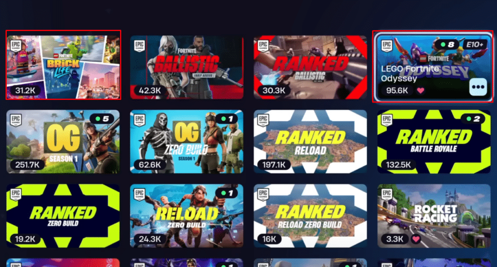 Fortnite game mode selection with lego modes highlighted