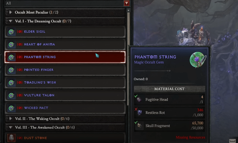 Diablo 4 Gelena occult gem crafting interface