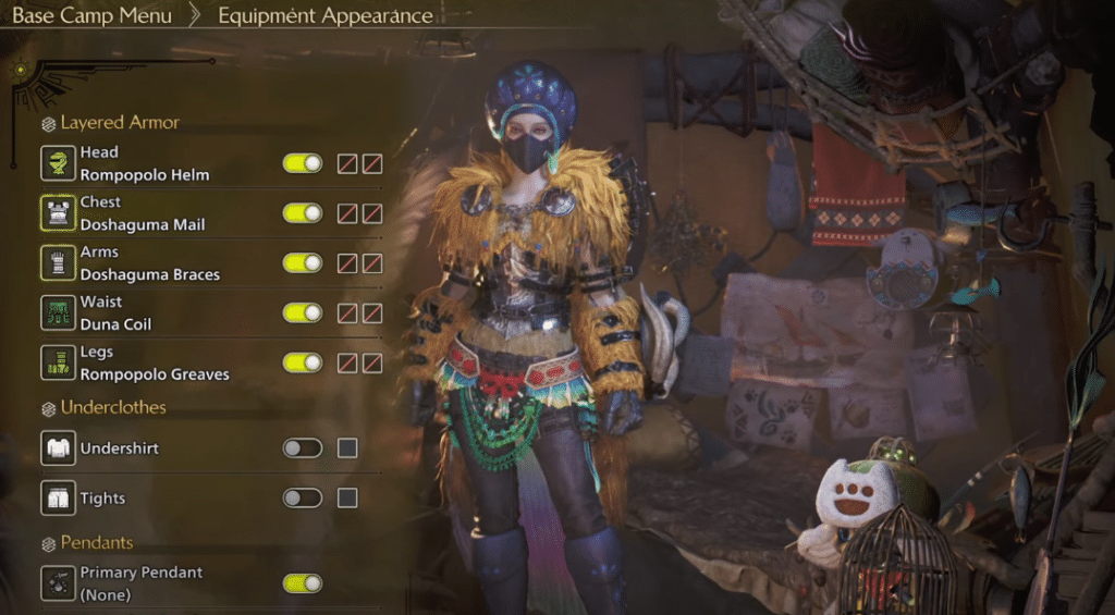 MH Wilds layered armor menu at tent