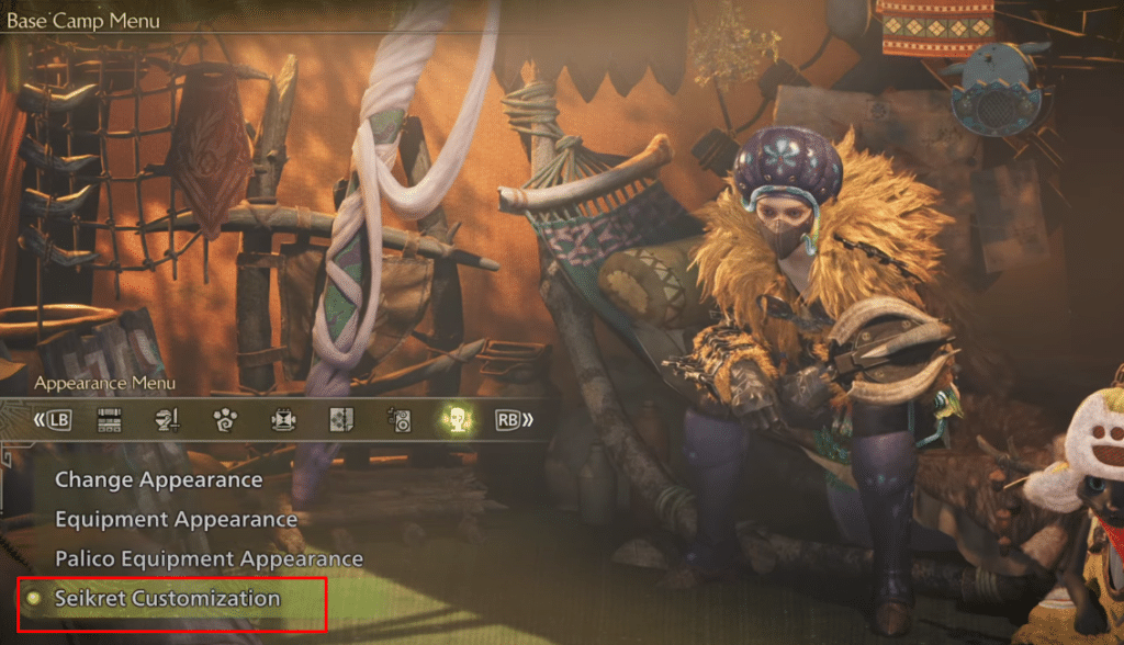 MH wilds sitting in tent seikret customization highlighted
